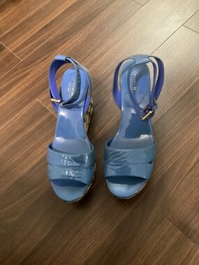 Coach Glossy Blue Patent Leather Slingback Heels